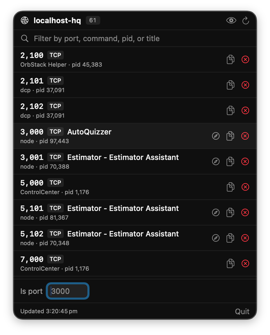 localhost-hq menu bar app showing ports 3000, 3001, 5000, 5101, 5102, 7000 with process names and scraped page titles